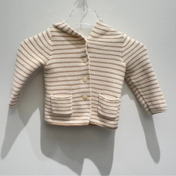 Baby Gap Oatmeal Stripe Teddy Bear Hooded Sweater Jacket 18-24 Months - Picture 2 of 8